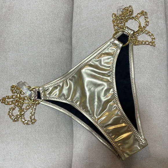 NWT (XS/S) Gold chain gold foil swim bottoms label MfitsS gold hoop circle sides - Picture 6 of 6